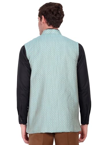 Image of SKAVIJ Men's Indian Dupion Silk Weaving Design Sleeve Less Nehru Jacket Waistcoat Turquoise XL