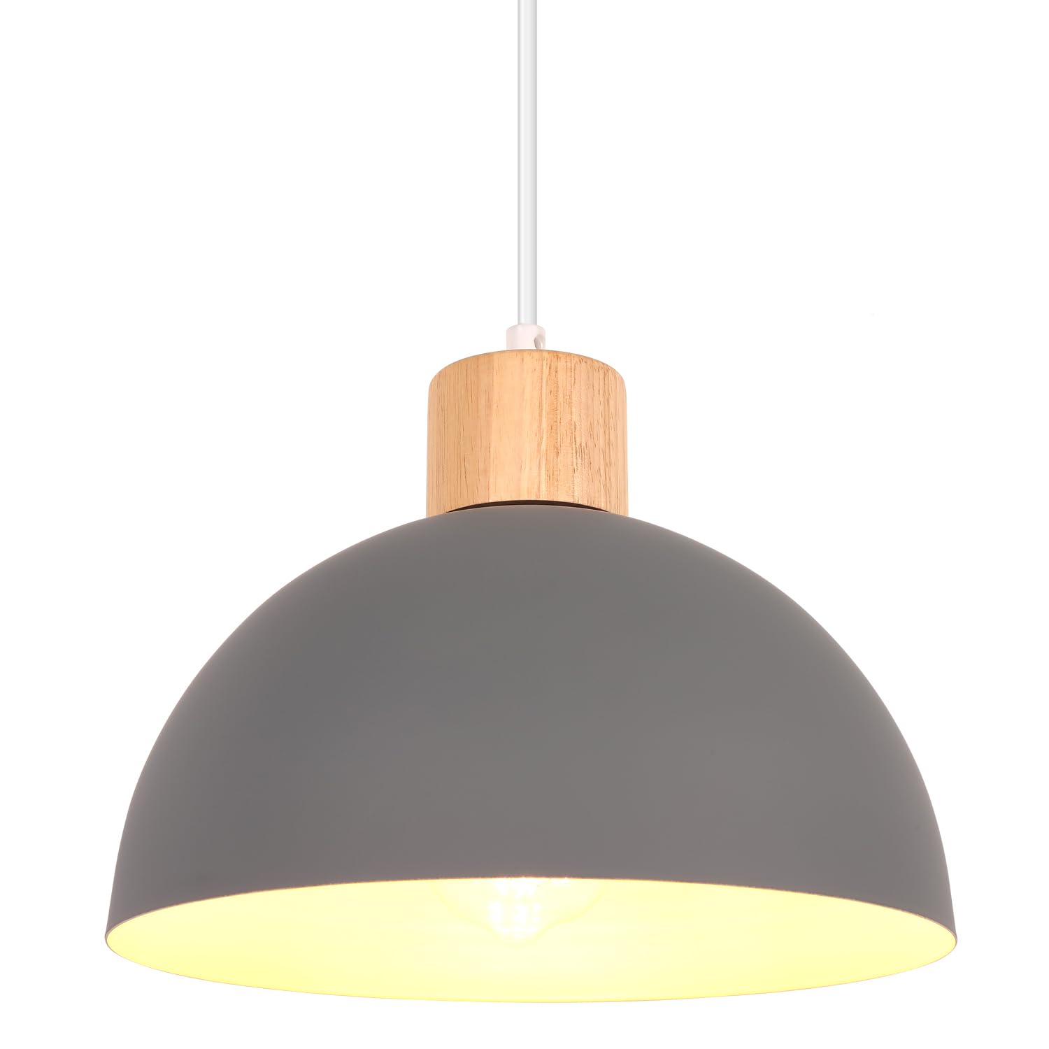 iDEGU 25cm Retro Pendant Light E27 LED Ceiling Light Modern Scandinavian Style Hemisphere Hanging Lampshade Metal Wood Pendant Light Fixture for Bedroom Dining Room Kitchen Restaurant (Grey)