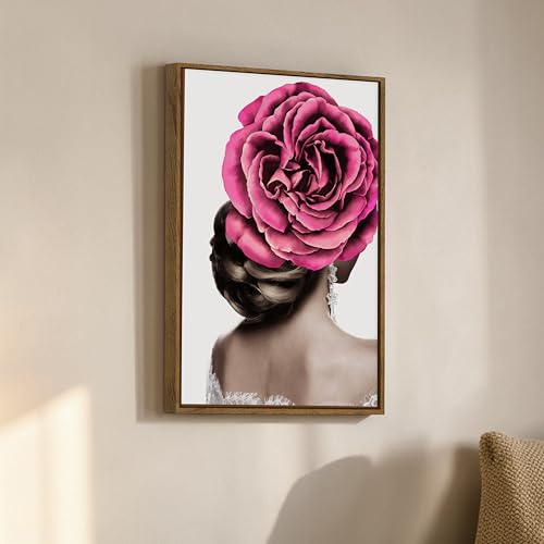 Image of Modern Floral Portrait Framed Canvas Painting For Living Room | Abstract Woman Rose Wall Art For Livingroom Wall Decor, Home Decor, Bedroom, Hallway's, Office, Hotel - 43x58 cm