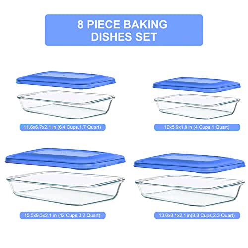KOMUEE 8 Pieces Glass Baking Dish with Lids Rectangular Glass Baking Pan Bakeware Set with BPA Free Lids, Baking Pans for Lasagna, Leftovers, Cooking, Kitchen, Fridge-to-Oven,Blue