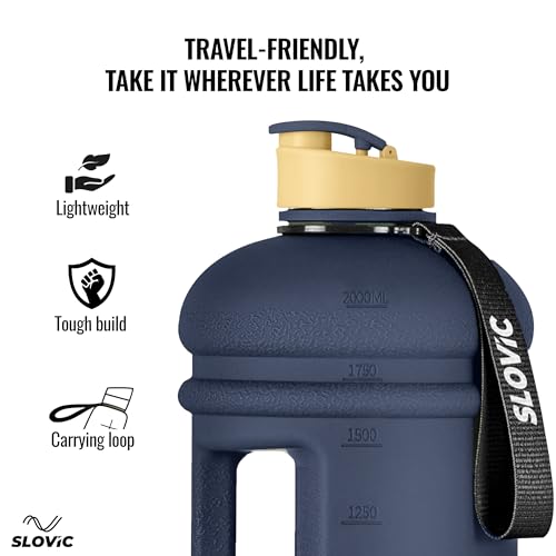 Image of SLOVIC Gallon Water Bottle 2 + Litre | Gym Motivational Sipper Water Bottle for Adults | 100% BPA Free & Leakproof | 2 Litre Sipper for Men & Women with Ergonomic Handle | Dark Blue | 2200 ML