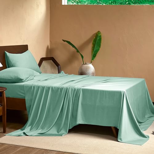Image of EVERLY Full Sheets Set,Luxuriously 400 Thread Count Organic Viscose Derived from Bamboo Bed Sheet,Cooling Sheets for Full Size 4 Piece Deep Pockets Bedding Sheets &Pillowcases-Water Green
