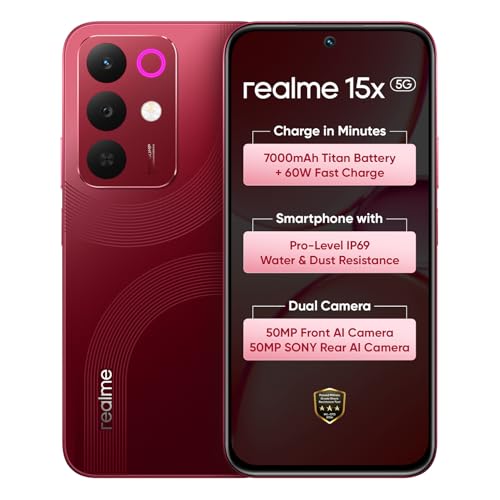 Image of realme 15X 5G Smartphone 8+128GB Maroon Red, 6.8-inch Screen, 144Hz Display,7000mAh Battery, 60W Fast Charging, 50+50MP AI Camera,Dimensity 6300 6nm Octa-core chipset Processor, IP69
