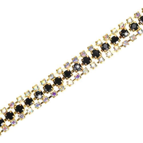 M METERXITY 1-Pack Crystal Rhinestone Close Chain Trim, 3 Rows 1 Yard Dress Embellishments, Sparkly Diamond Strips Applique Embellishment for Craft/Sewing/Wedding [Gold-Based AB Black]