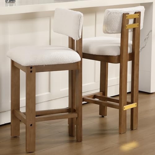 Image of BESTANO 26 inch Counter Stools Set of 2 Counter Height Bar Stools with Back and Solid Wood Legs Modern Farmhouse Sherpa Upholstered Kitchen Bar Stools Countertop Bar Chairs, White