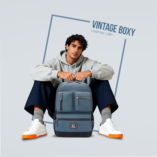 Image of Gear Vintage Boxy 18 inch /26L Medium Faux Leather Water Resistant Laptop Backpack /Casual Backpack /Daypack /Travel Backpack /College Backpack for Men /Women (Navy - Black)