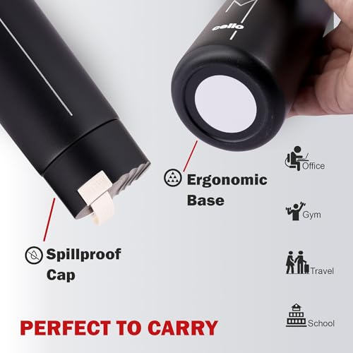 Image of Cello Duke Insulated Stainless Steel Flask 365ml, Black | Double Wall Insulated 24 Hours Hot or Cold Thermos Thermosteel Flask Water Bottle for Office School Gym Hiking Trekking & Travel