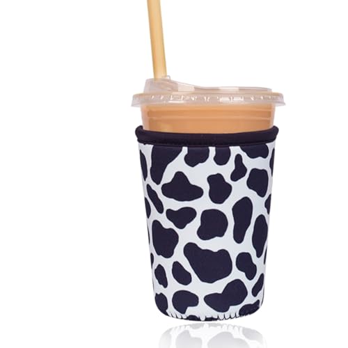 Image of Reusable Insulated Sleeve for Iced Coffee Cup, Coffee Neoprene Sleeve for Cold & Hot Drinks, Beverage Holder for Iced Coffee (Cowprint Chic, Small: 16-18oz)