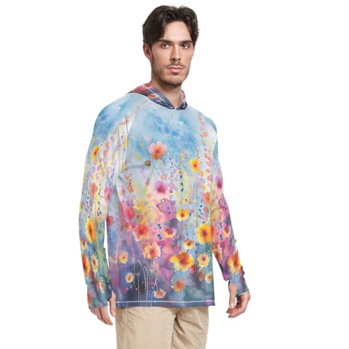 xigua Ink Painting Of Flowers Men's UPF 50+ Sun Shirts Quick Dry Sun Protection Hoodie With Long Sleeve 6432