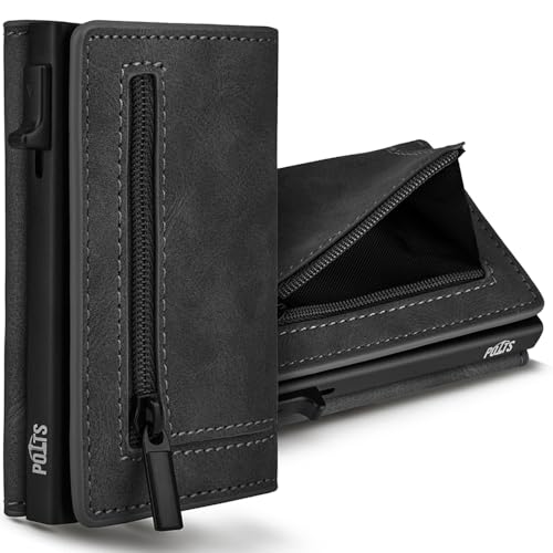 POTTS Geldbörse Herren aus veganem Leder | Slim Wallet mit Münzfach & Magnetverschluss | Kartenetui mit Münzfach & RFID-Schutz Herren & Damen & Geschenkbox - schwarz