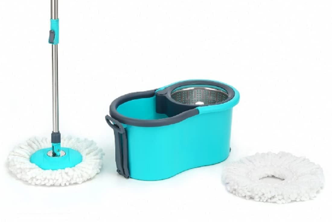 KUNTOM Spin Mop Prime with Big Wheels and Stainless Steel Wringer, Bucket Floor Cleaning and Mopping System,2 Microfiber Refills,Multi Color