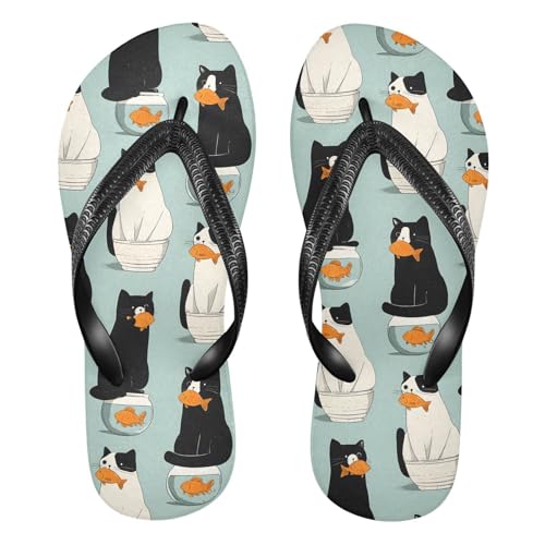 ALAZA Black White Cat with Fish Flip Flops for Women Fashion Beach Slippers Comfort Mens Flip Flops Non-Slip Rubber Shower Slippers Sandal for Hotel Travel Sport,XS