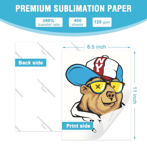 Lzerking Sublimation Paper 8.5x11 Inch 125gsm 400 Sheets, Heat Transfer Paper for Inkjet Printers - Ideal for Various Coatings, DIY Projects, T-Shirts, Phone Cases, Mugs
