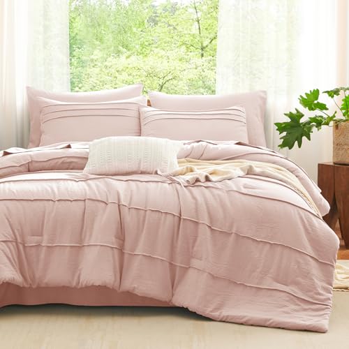 CozyLux King Size Comforter Set Blush Pink, 7 Pieces Soft Prewashed Pinch Pleat Bed in a Bag King Comforter Set with Sheets, Boho Bed Set with Down Alternative Comforter, Sheets, Pillowcases & Shams