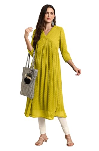 Image of Janasya Women's Dobby Chiffon Self Design Flared Kurta