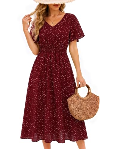 Image of Gardenwed Chiffon Floral Dresses Summer Midi Wedding Guest Dress V Neck for Women Elastic Waist