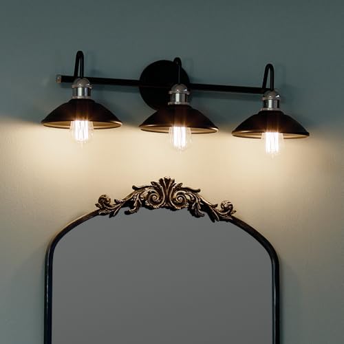 Image of Kichler Clyde 3-Light Bathroom Vanity Light Fixture with Vintage Industrial Design in Black Finish, Wall Mount Over Mirror Lighting for Bathroom (7.25 inch x 26.5 inch x 8.25 inch), 45945BK