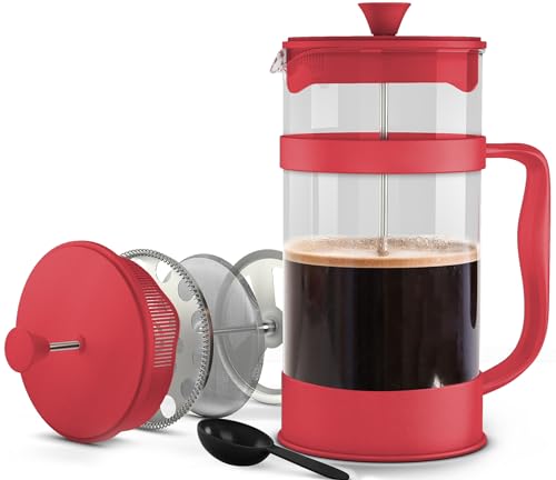 Utopia Kitchen Prensa francesa para espresso y té con triple filtro, émbolo de acero inoxidable y vidrio borosilicato resistente al calor (rojo)