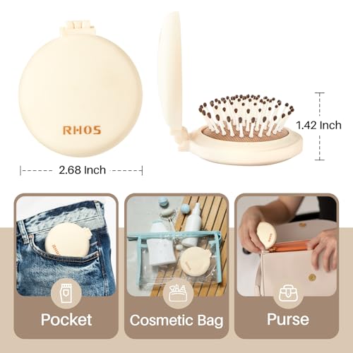 RHOS Compact Foldable Hair Brush with Mirror for Women, Men & Kids - Small Pocket & Portable Travel Brush (Beige)