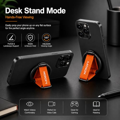 Image of Morofy Magnetic Phone Grip for iPhone & Android Devices with Magnetic Ring Included, Adjustable Finger Strap Stand Holder (Orange)