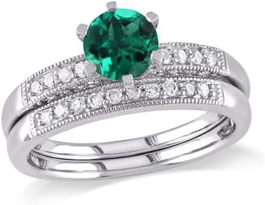 Yash Diam Jewel 14K White Gold Plated 925 Sterling Silver Round Cut Created Green Emerald and White Diamond Prong Set Wedding Bridal Ring Set with Band (1.20 CT)