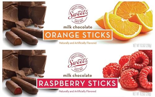 Sweet's Candy Milk Chocolate Orange Sticks (1) and Milk Chocolate Raspberry Stick (1) and Happy Holidays Card (1) Bundle