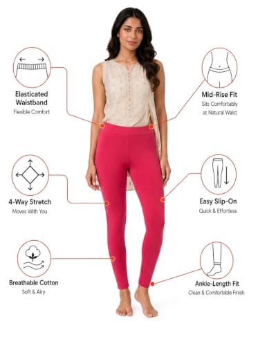 Image of Women's Cotton Lycra Ankle Length Leggings | Regular Rise, Soft 4 Way Stretch Fabric | Casual & Ethnic Wear