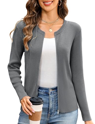 Totatuit Zip Up Sweater for Women Long Sleeve Zipper Front Jacket Lightweight Ribbed Knitted Cardigan S-XXL Gray
