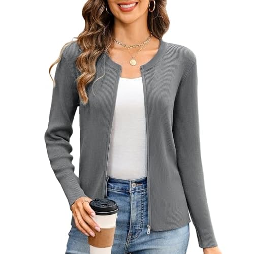 Totatuit Women's Long Sleeve Zip Up Sweater Lightweight Cardigan Crew Neck Tops Zipper Knitted Jacket Small Gray