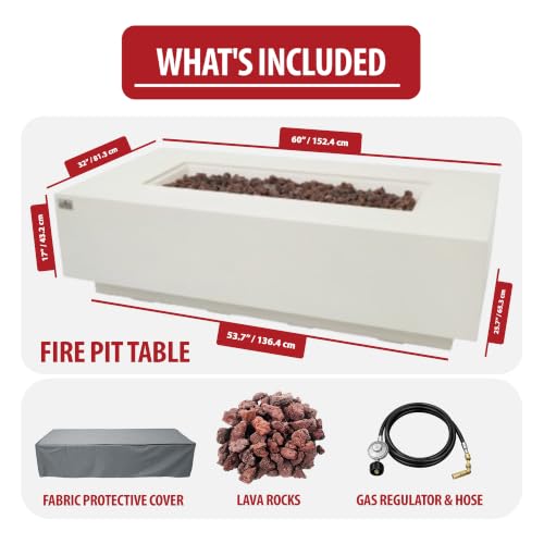 Image of AMS Creations | Madison 60 inch Rectangular Propane Gas Outdoor Fire Pit Table | Cream White Concrete GFRC | Smooth Texture or Surface | Electronic Ignition | Outside Backyard Fireplace