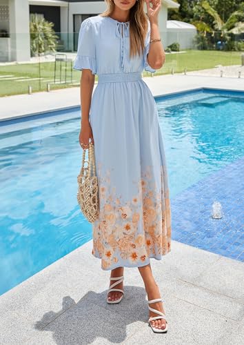 PRETTYGARDEN Women's Boho Floral Maxi Dress Summer 2026 Short Sleeve Tie V Neck Spring Wedding Guest Flowy Beach Sun Dresses (Light Blue,Small) — view 6