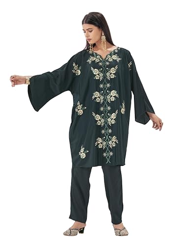 Tunique et pantalon femme vert bouteille ensemble oversize en crêpe brodé M