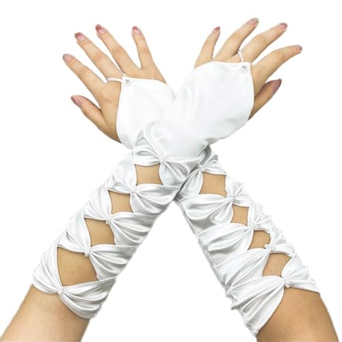 zaoalife Guantes largos de satén sin dedos para mujer, con lazo de perla, para fiestas, bodas, bodas, fiestas, escenarios, Blanco, M