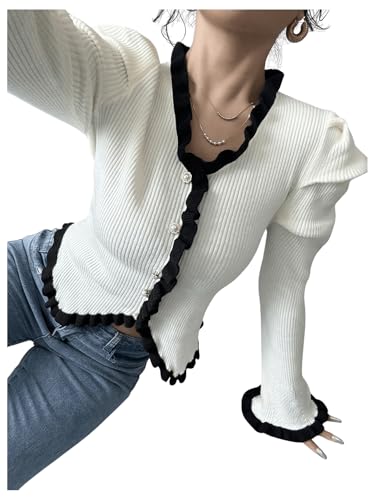 Image of SweatyRocks Women's Elegant Sweater V Neck Long Puff Sleeve Knitted Pullover Tops Beige Medium