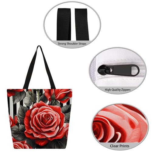 Striped Rose Flower Large Capacity Canvas Tote Bag Stylish Handheld Shoulder Bag Reusable Shopping Bag for Work Travel Beach Trips Shopping3