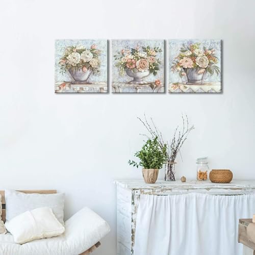 Piy Painting 3 Pcs Weinlese Wandbilder Mit Rahmen, Blumen Wandkunst Leinwand Malerei, Bilder Für Wohnzimmer, Wasserfesten Bild Für Schlafzimmer Küche Badezimmer Wanddeko 30 x 30 cm