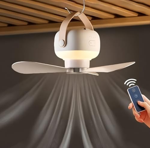 Image of Portable Ceiling Fan with LED Light and Remote Control | Rechargeable Table Fan for Home with Hanging Strap, Tripod Stand and Type C Charging for Travel