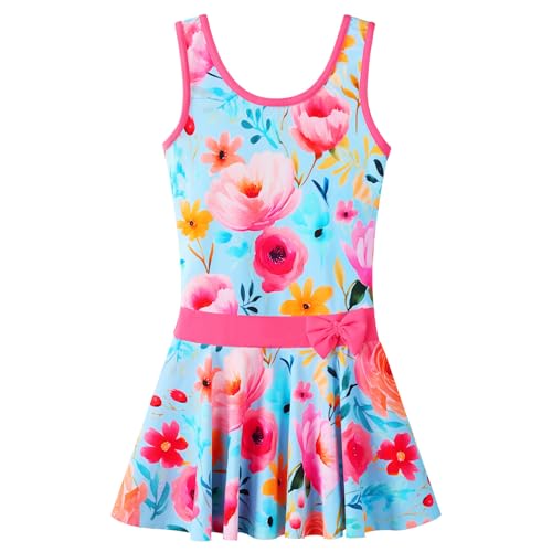 Image of Girls Swimsuit One Piece UPF 50+ Floral Skirted Bathing Suit Modest Beach Swim Dress 3-11 Years