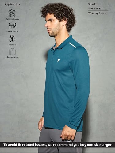 Image of TECHNOSPORT Men's Solid Full Sleeve Polo T-Shirt TECHNOCOOL+ Quick Dry Slim Fit Sports Tee for Travel Casual Smart Wear UPF50+ Anti Odour