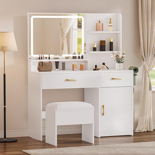 YITAHOME Vanity Desk with LED Lighted Mirror, Makeup Vanity Set with Power Strip, Drawers, Cabinet, Shelves, and Stool, Stylish White Vanity for Dressing Room