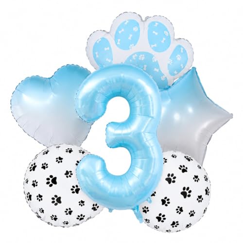 Image of Dog and Cat 3rd Birthday Paw Print Foil Mylar Balloons Pet Decorations Set | 40IN Blue Number 3 Helium balloons Heart Star Round Paw Balloon for Pet Theme or Children 3rd Birthday Party Supplies 6PCS