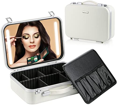 yaokvide Makeup Bag with Light up Mirror & Adjustable Dividers - Toiletry & Jewelry Travel Bags - Storage for Beauty Artist Accessories - Large Capacity Container w/Handle - Portable & Durable(White)