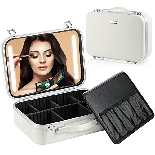 yaokvide Makeup Bag with Light up Mirror & Adjustable Dividers - Toiletry & Jewelry Travel Bags - Storage for Beauty Artist Accessories - Large Capacity Container w/Handle - Portable & Durable(White)
