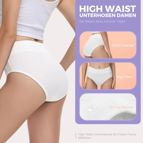 IceReco Damen Unterwäsche Unterhosen Damen Bauchweg Unterhose Baumwolle 5er Pack High Waist Slip Sportunterwäsche Schlüpfer Panties Briefs Underwear Stretch Atmungsaktiv Weich Weiß L