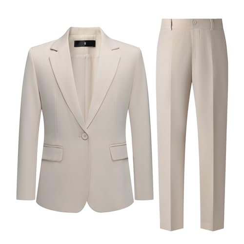 Women's 2 Piece Pant Suit Dressy Business Casual Outfits Notched Collar Blazer Professional Pantsuits Set for Work Office Beige