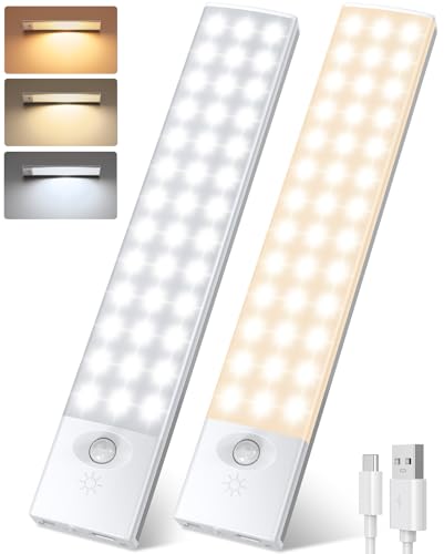 YOOKESEN Luz LED con Sensor de Movimiento 78 LEDs 1500mAH, 23CM Magnética USB C Recargable Luz con Sensor de Movimiento 3 Color 4 Modos Para Armario, Cocina, Escaleras, Pasillo, Habitacion 2 Piezas