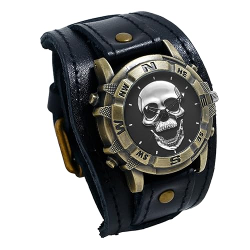 JewelryWe Montre Homme Cuir Crâne: Montre Homme Bracelet Cuir Large avec Cadran Tête de Mort Bronze Vintage Gothique Punk Biker Montre Poignet de Force...