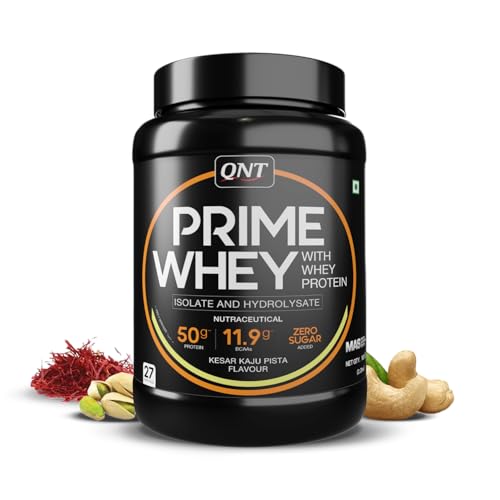 Image of QNT Prime Whey Protein Powder | Kesar Kaju Pista, 1 Kg | Triple Blend of Whey Isolate, Concentrate & Hydrolysate | 25g Protein, 5.9g BCAA per Scoop | Best Whey Protein Powder for Men & Women