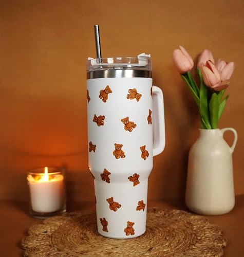 Image of 1200ML Stainless Steel Tumbler Hot and Cold with Handle and Lid and 2 Straws, Double Insulated Cup Leak Proof Mug Cupholder for Gym, Travelling (Teddy)
