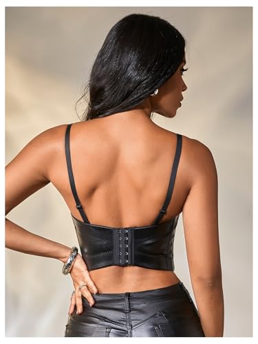 OYOANGLE Women's Pu Leather Cut Out Camisoles Strappy V Neck Backless Fitted Cami Crop Tops2